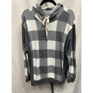 White Birch Plaid Cowl Neck Hoodie Top Women's Large Gray White Cozy